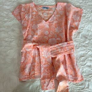 Women’s Cotton Wrap Shirt in Peach Floral, Size Medium